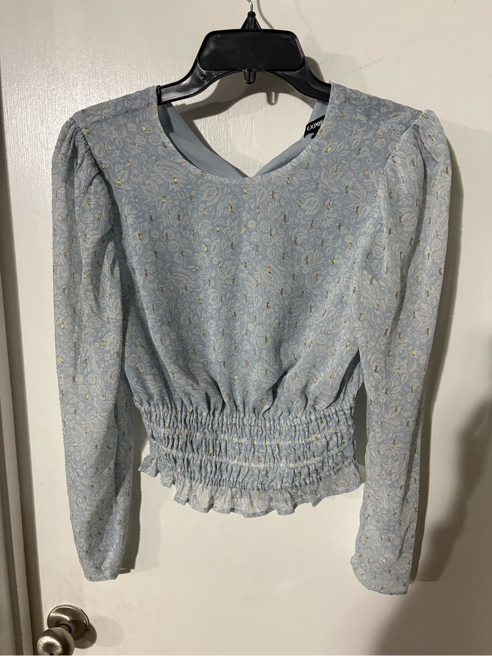 Express Pale Blue Floral Shirred Waist Blouse with Gold Details